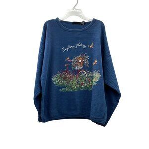 Vintage 90s Chic Explore Nature Sweatshirt Womens M/L Blue Teddy Bears